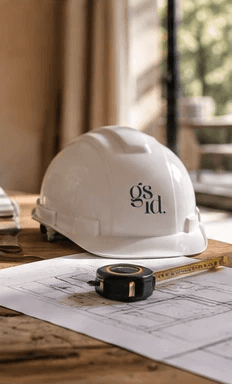 White hard hat with the GSID logo on construction drawings with a tape measure