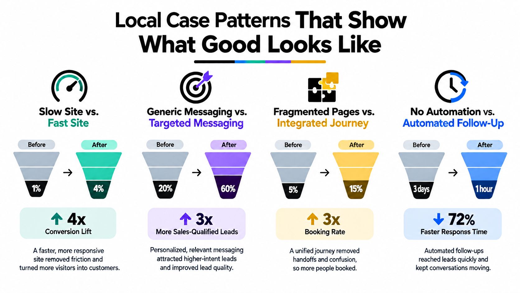 An infographic illustrating four local case study patterns comparing poor business processes with optimized digital strategies.