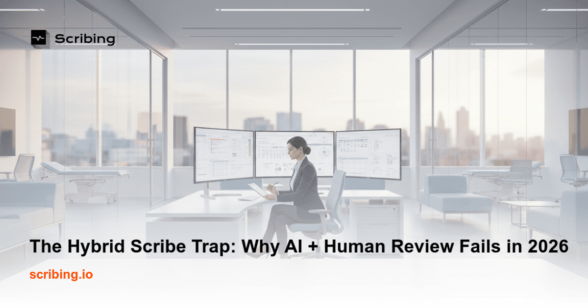 Illustration representing the risks of AI and human hybrid clinical documentation review in healthcare settings