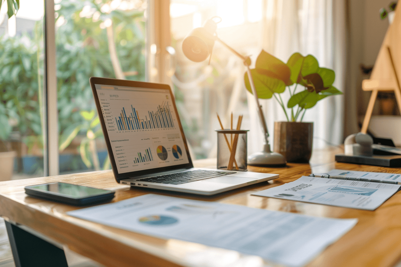 Real estate agent looking at website analytics charts on a laptop beside property photos