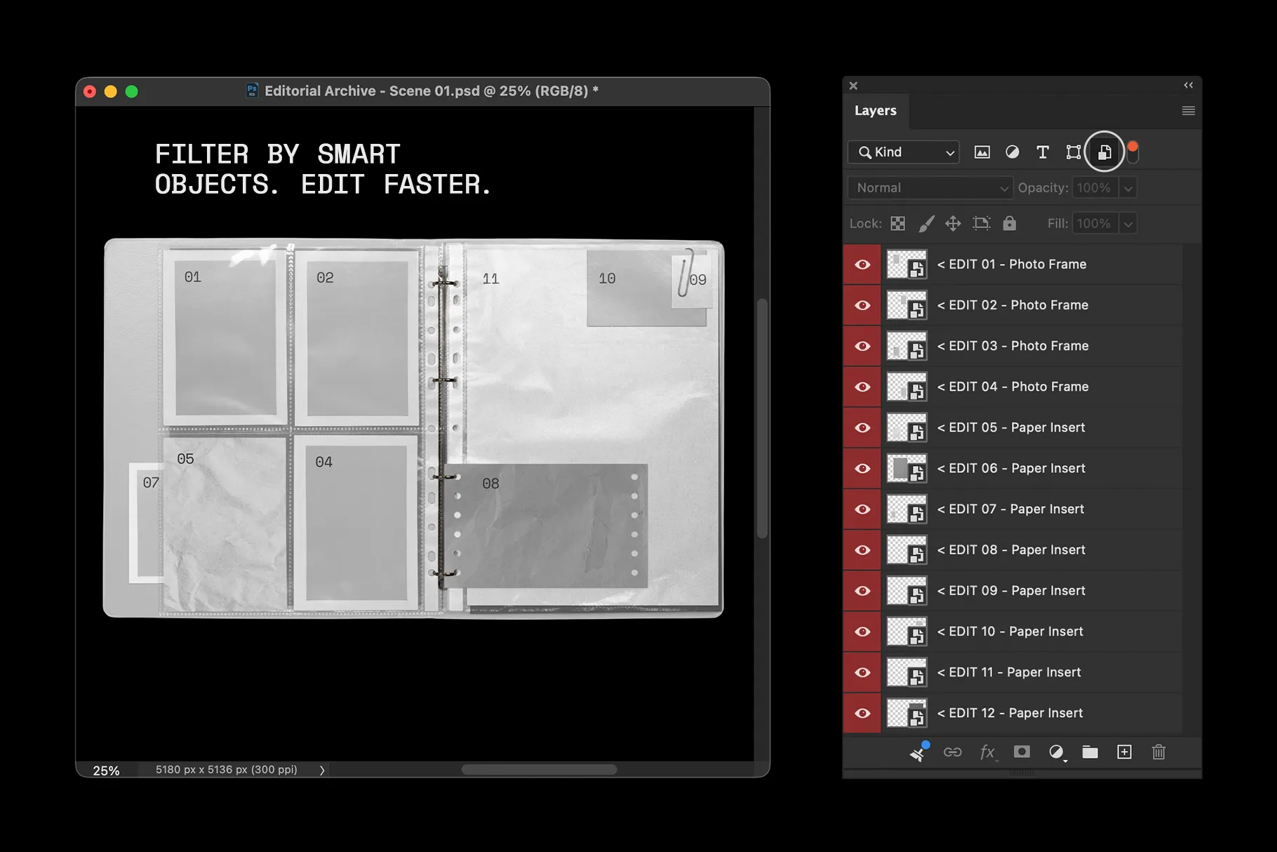 Editorial Archive Mockup Kit Photoshop guide with smart object filtered layers panel