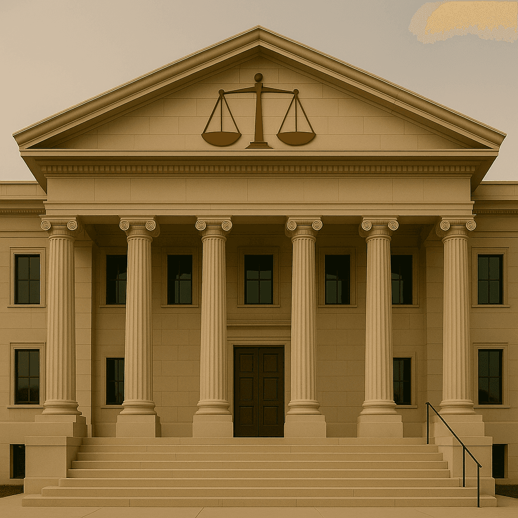 imagen de un edificio gubernamental con el simbolo de la justicia