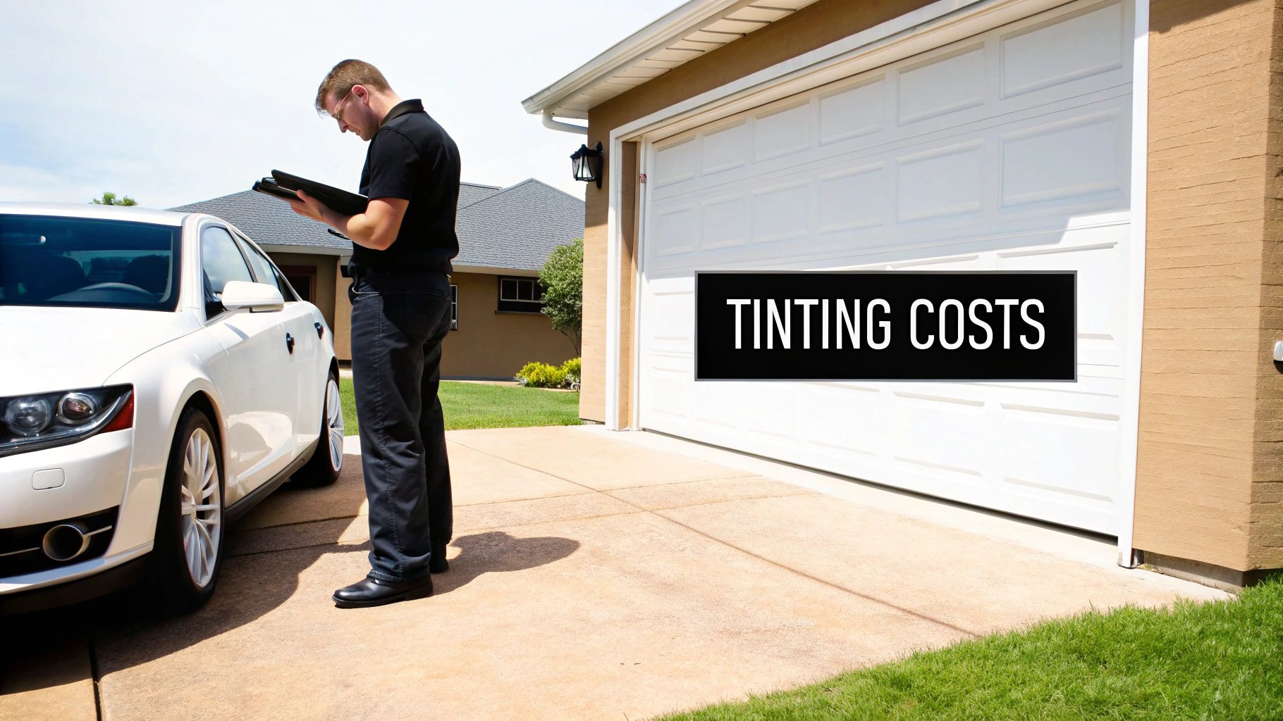 A technician inspecting a white car in a driveway with 