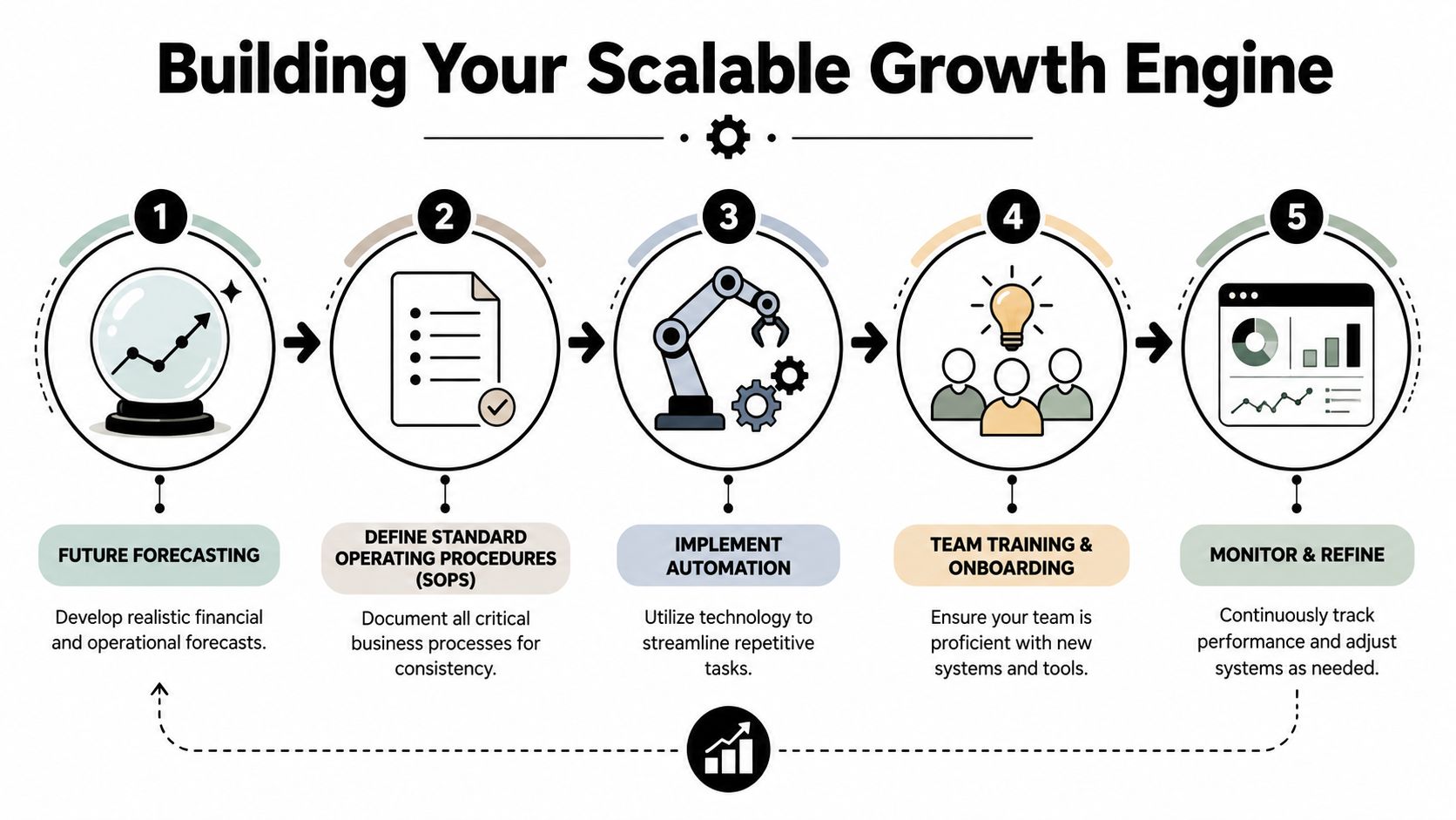 A five-step infographic showing a business growth strategy, including forecasting, SOPs, automation, training, and performance monitoring.