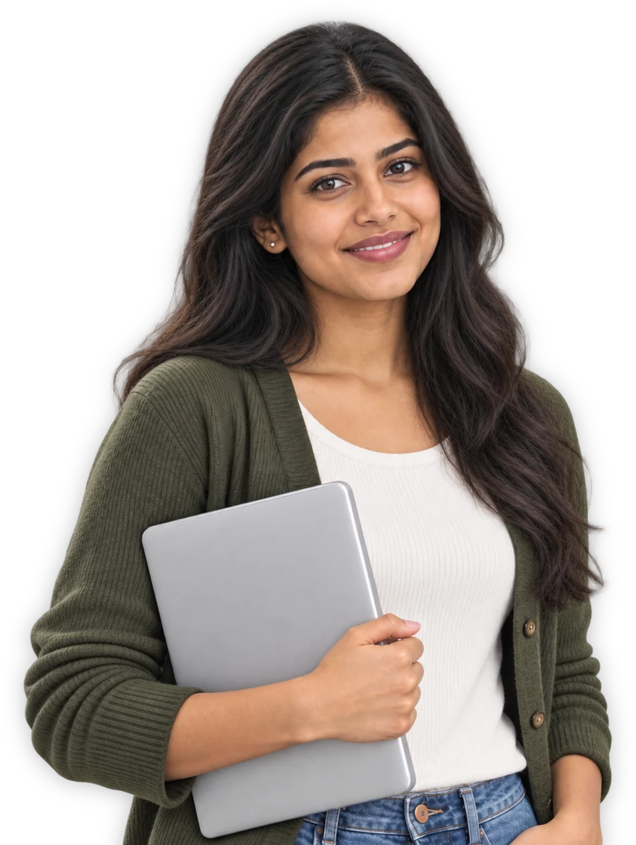 Smiling young woman in a green cardigan holding a laptop, cream background