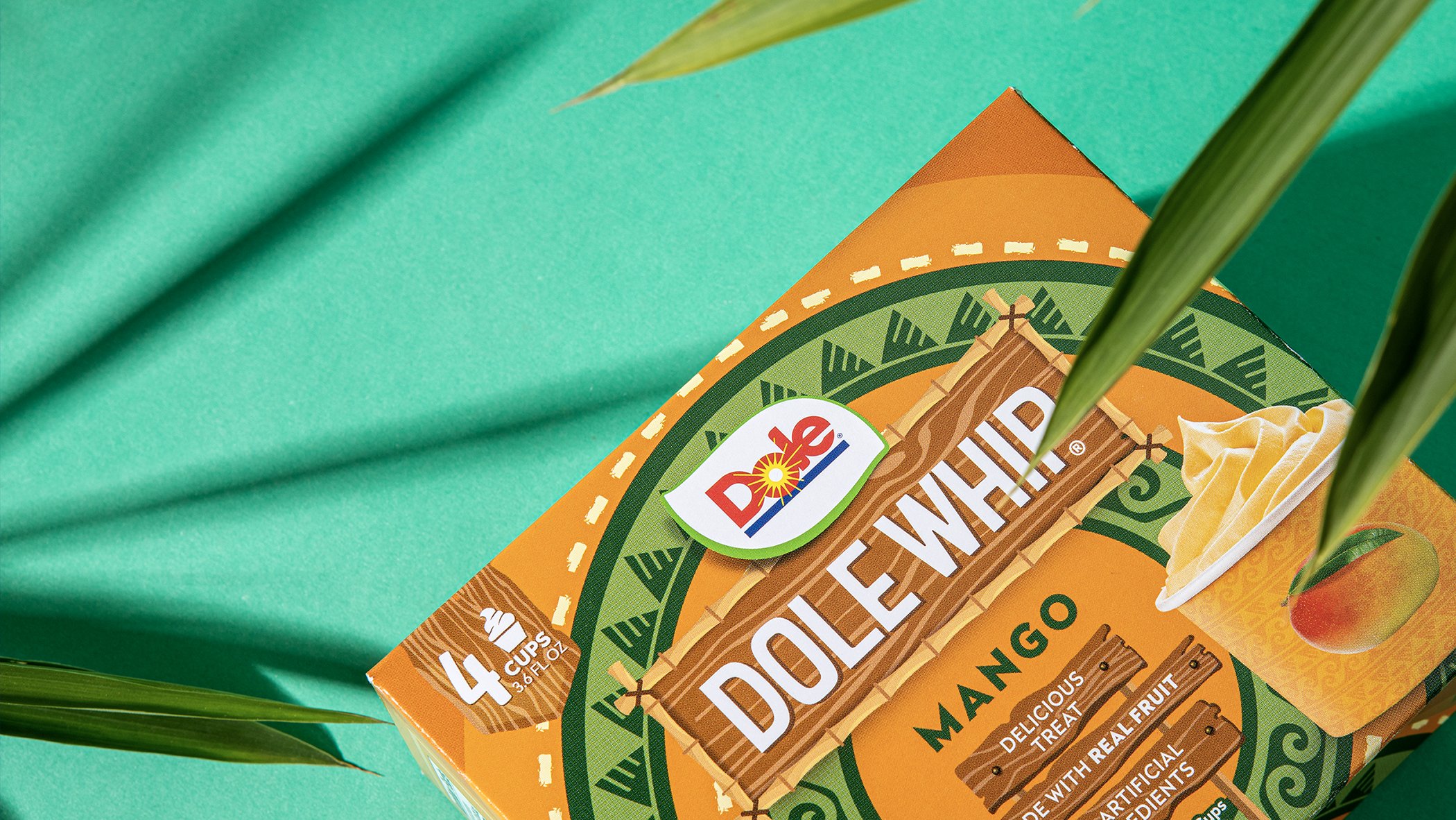 A close-up of a colorful product package on a teal background, surrounded by green leaves.