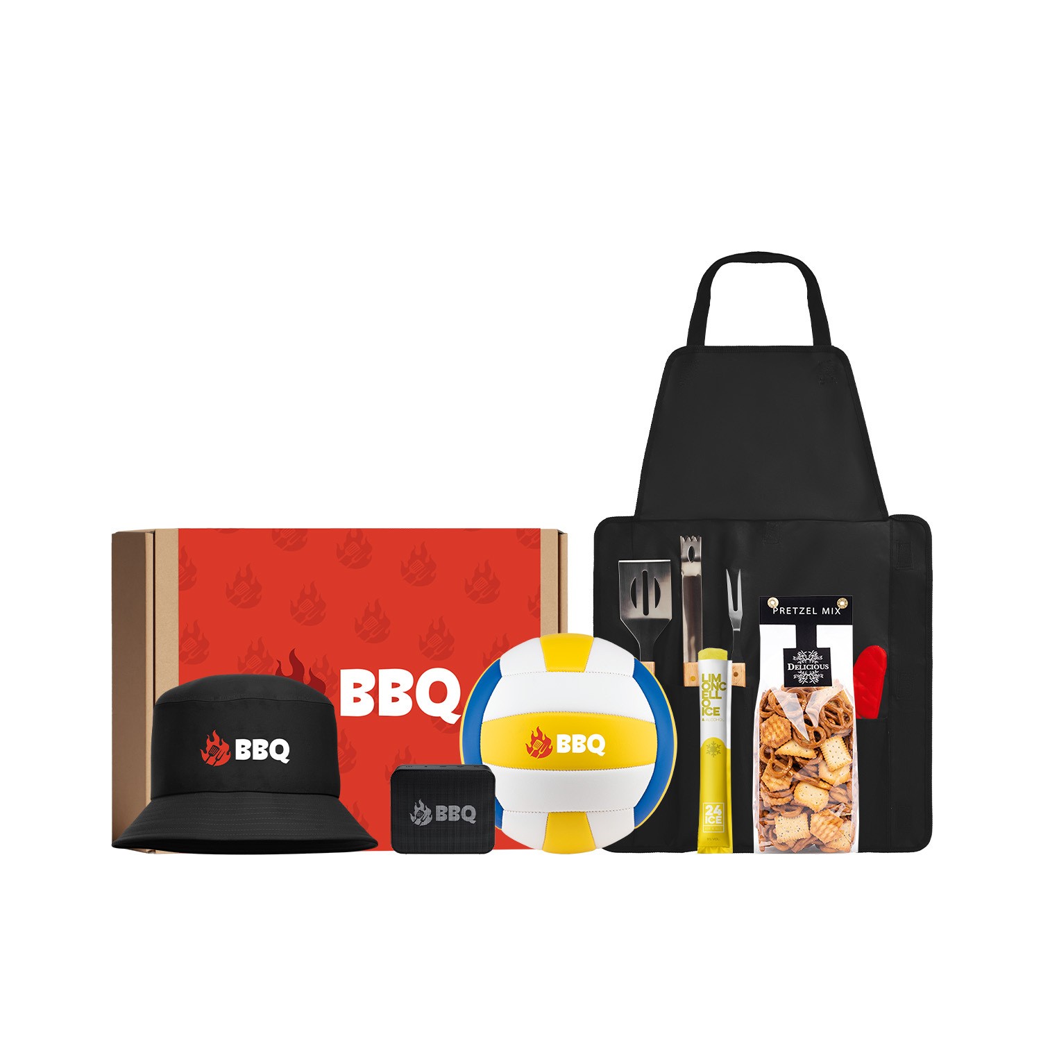 A BBQ-themed set including a box, volleyball, and apron with various tools and snacks
