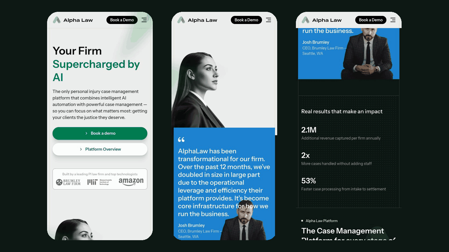 Three phones scrolling the Alpha Law site at phone width: the hero, the customer quote and figures, and the stage cards stacking