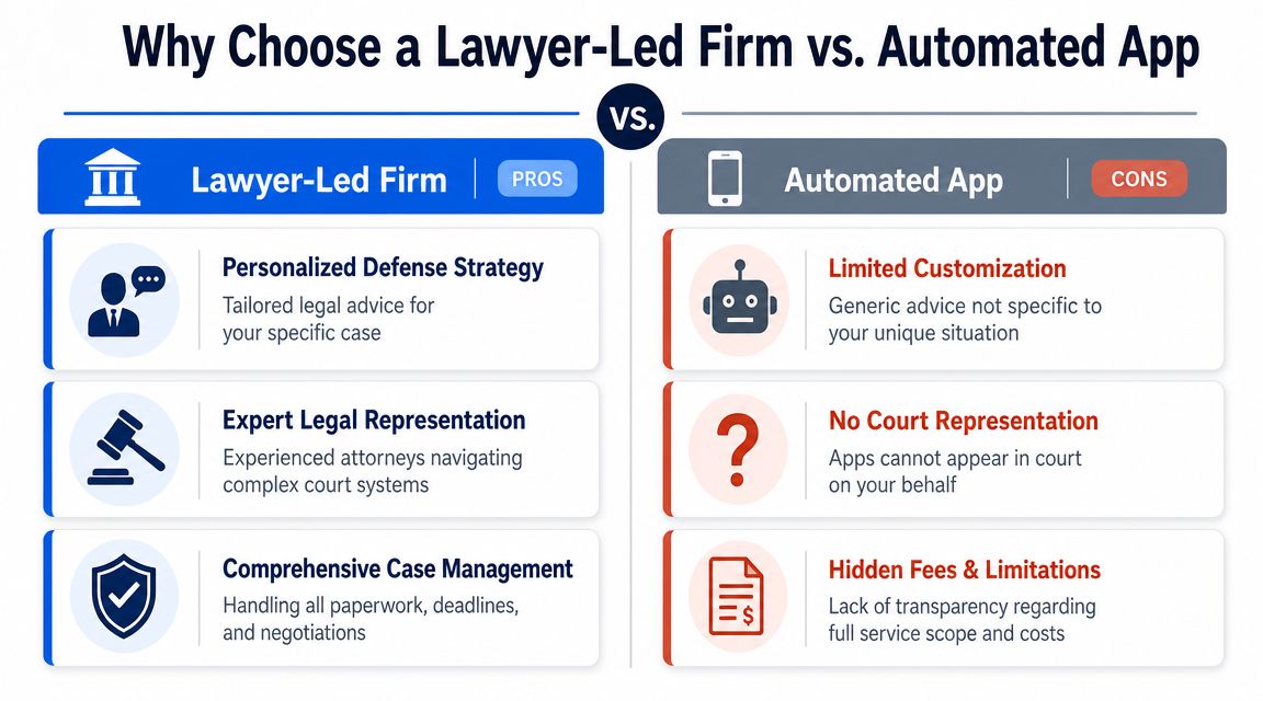 A comparison infographic showing the advantages of hiring a lawyer-led firm versus using an automated legal app.