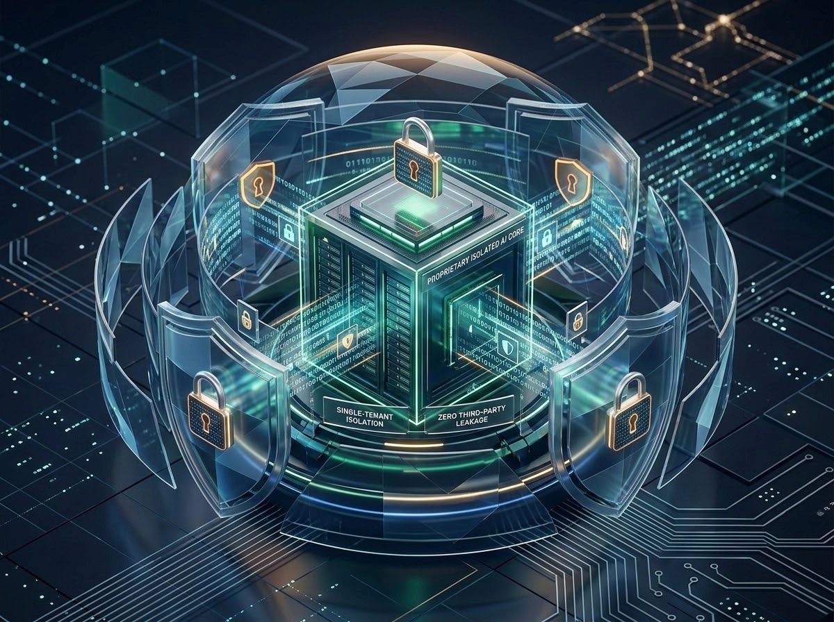 A sleek, modern 3D digital artwork illustrating secure enterprise AI architecture and business privacy. Features a glowing, protected central core or server server network surrounded by digital shields, encrypted data streams, and lock icons, conveying enterprise-grade data protection and AI privacy.