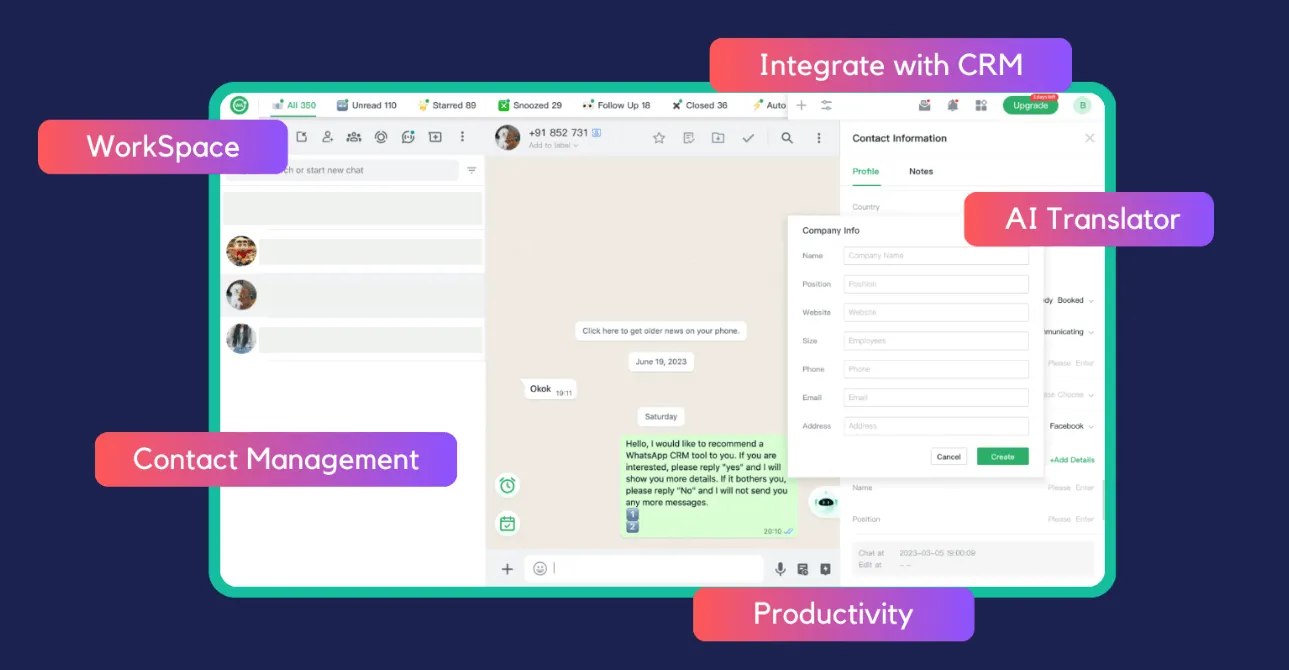 A decorative banner visualizing the capabilities of WAPlusCRM: WhatsApp UI with a side panel and tools like contact management and AI translator.