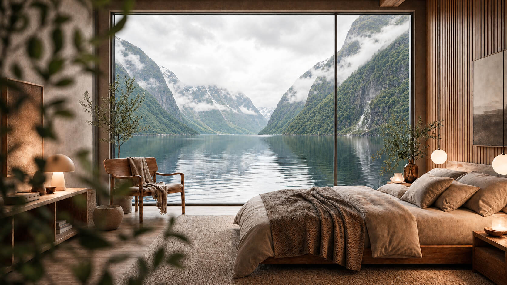 Warm timber bedroom with floor-to-ceiling windows overlooking a mountain fjord