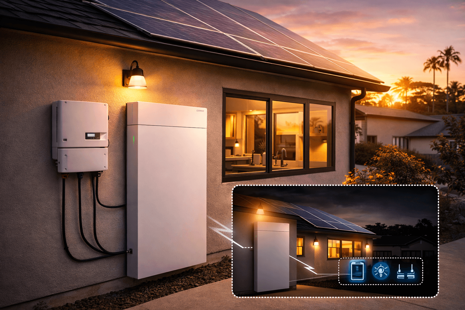 Rooftop solar panels with home battery storage shown close-up, with a small overlay graphic illustrating energy features.
