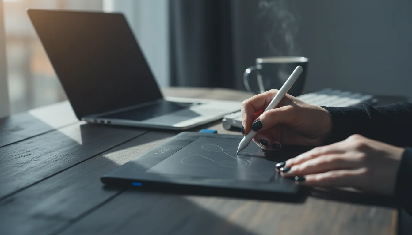 DSLR photograph, close-up shot of a digital artist's hands with black nail polish using a white stylus to draw on a graphics tablet. The tablet rests on a dark, textured wooden desk. In the background, there is a shallow depth of field with a blurred laptop, a white keyboard, and a dark grey ceramic mug. The scene is illuminated by soft natural daylight from a window, creating gentle shadows and a cool, cinematic color tone.