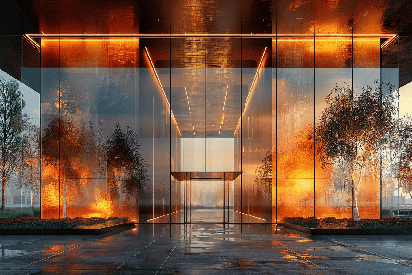 Entrance of a modern glass building with illuminated facade and reflections