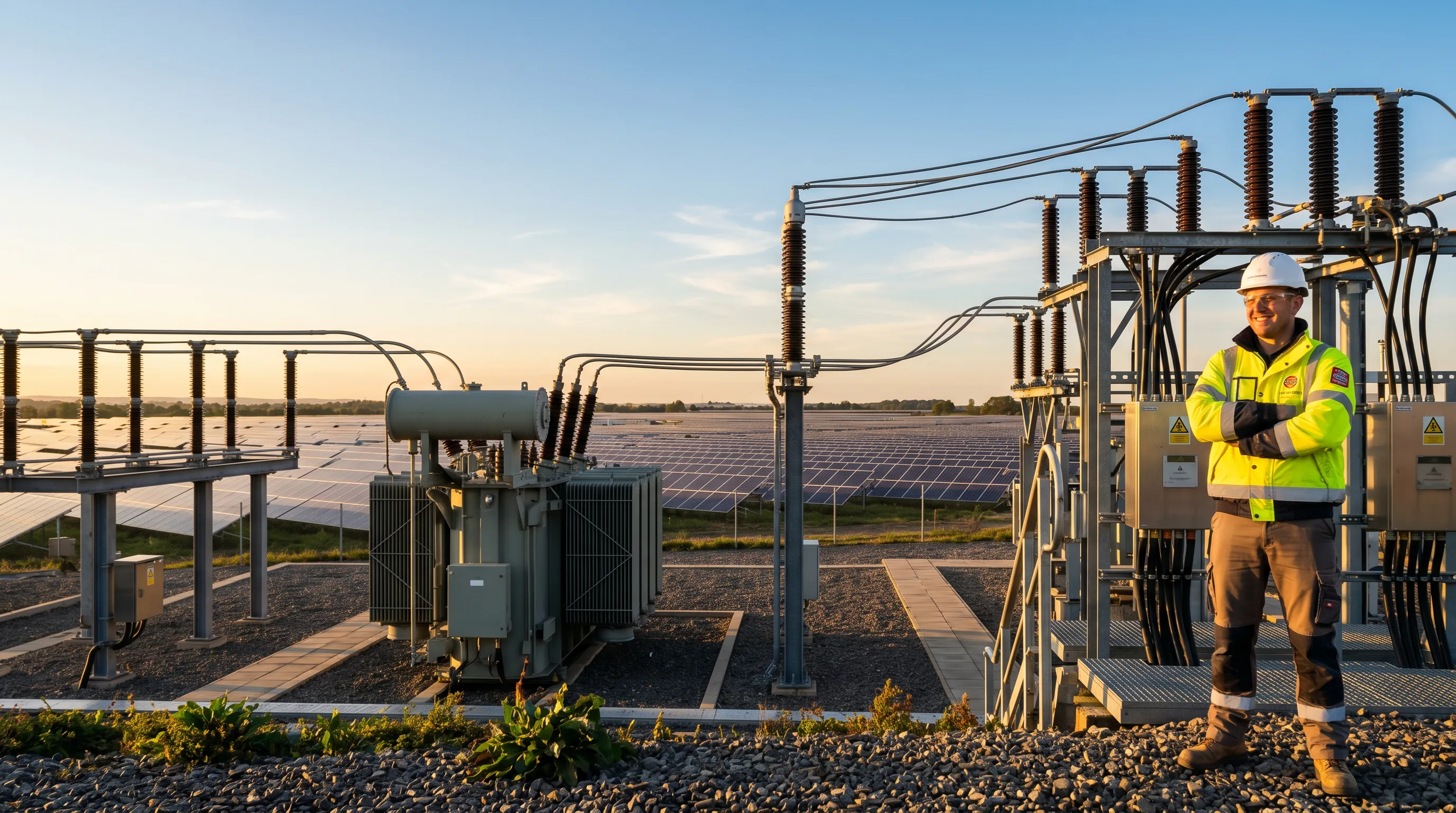 Engineer in safety gear standing beside solar panels at sunset on a solar farm site.