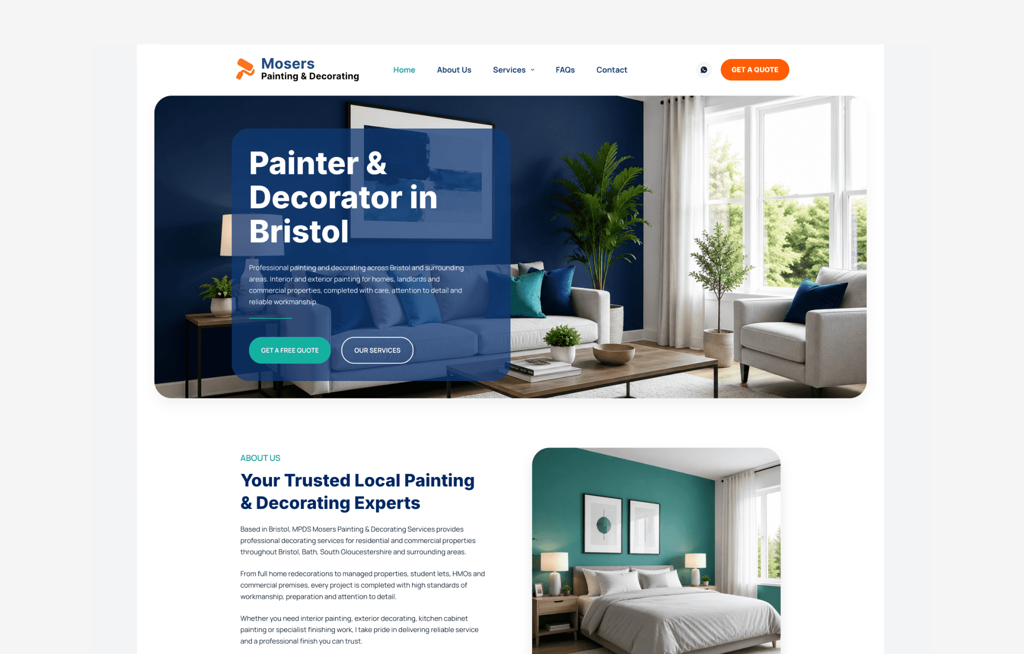 Main case study image showing the professional website designed for Mosers Painting & Decorating by AFWD, highlighting modern painting and decorating services in Bristol.
