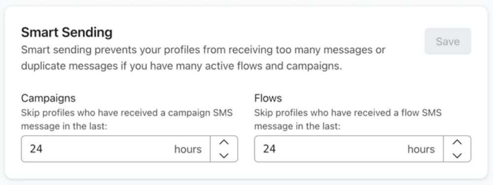 Klaviyo SMS Smart Sending preferences. Separate fields for campaigns and flows with default 24-hour windows to prevent recipients from receiving excessive SMS messages.