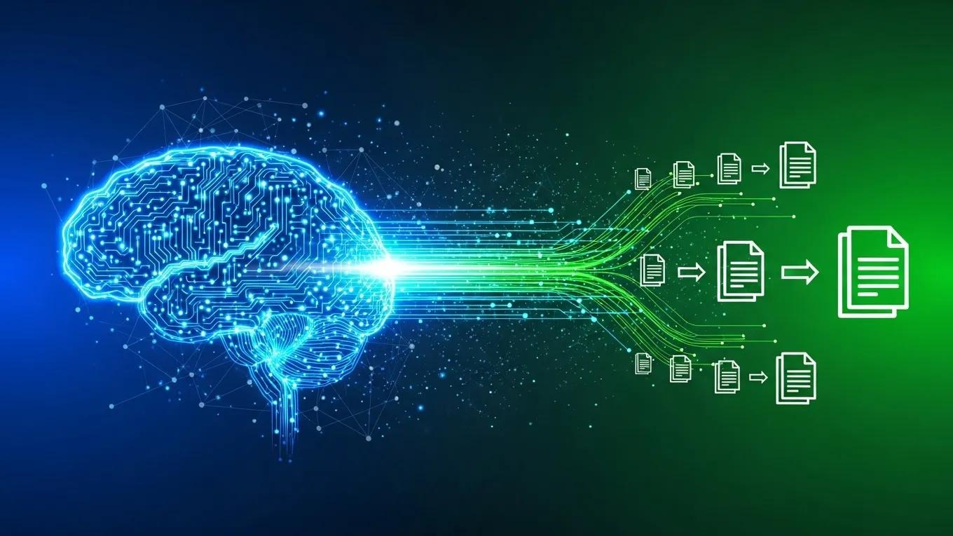 Abstract representation of AI content summarization tools with a digital brain and data streams