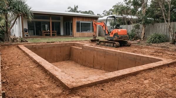 Excavator finishing a pool excavation beside a home, Sunshine Coast