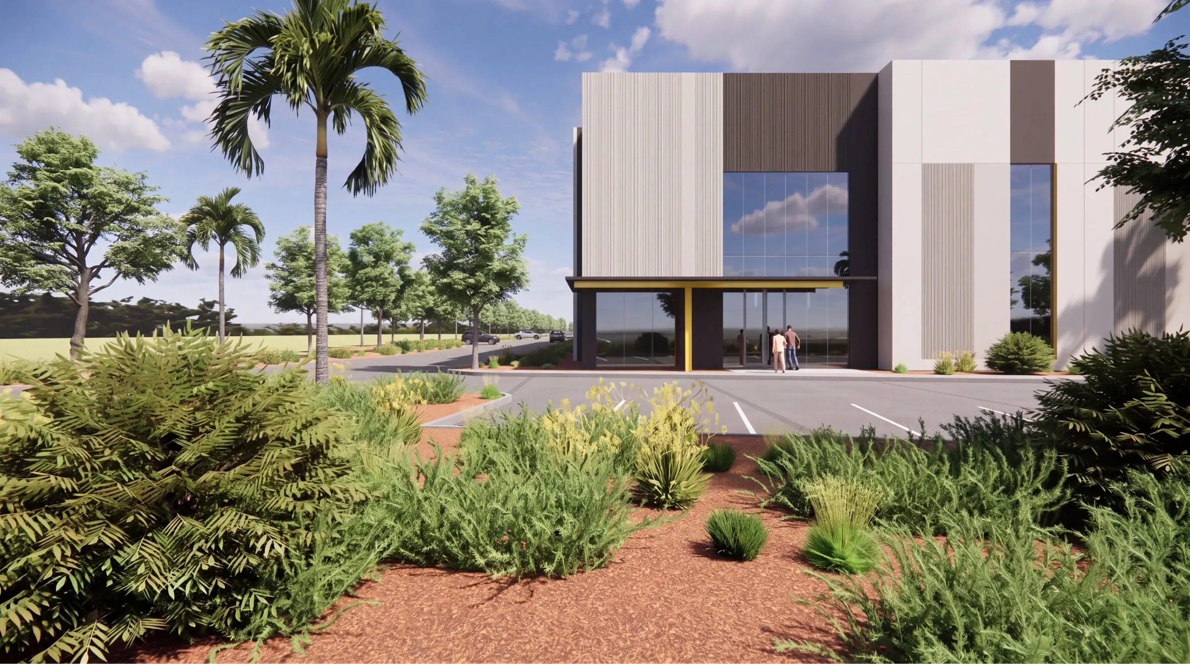 Rendering of the 301 Exchange office entry framed by palms in Tampa, Florida