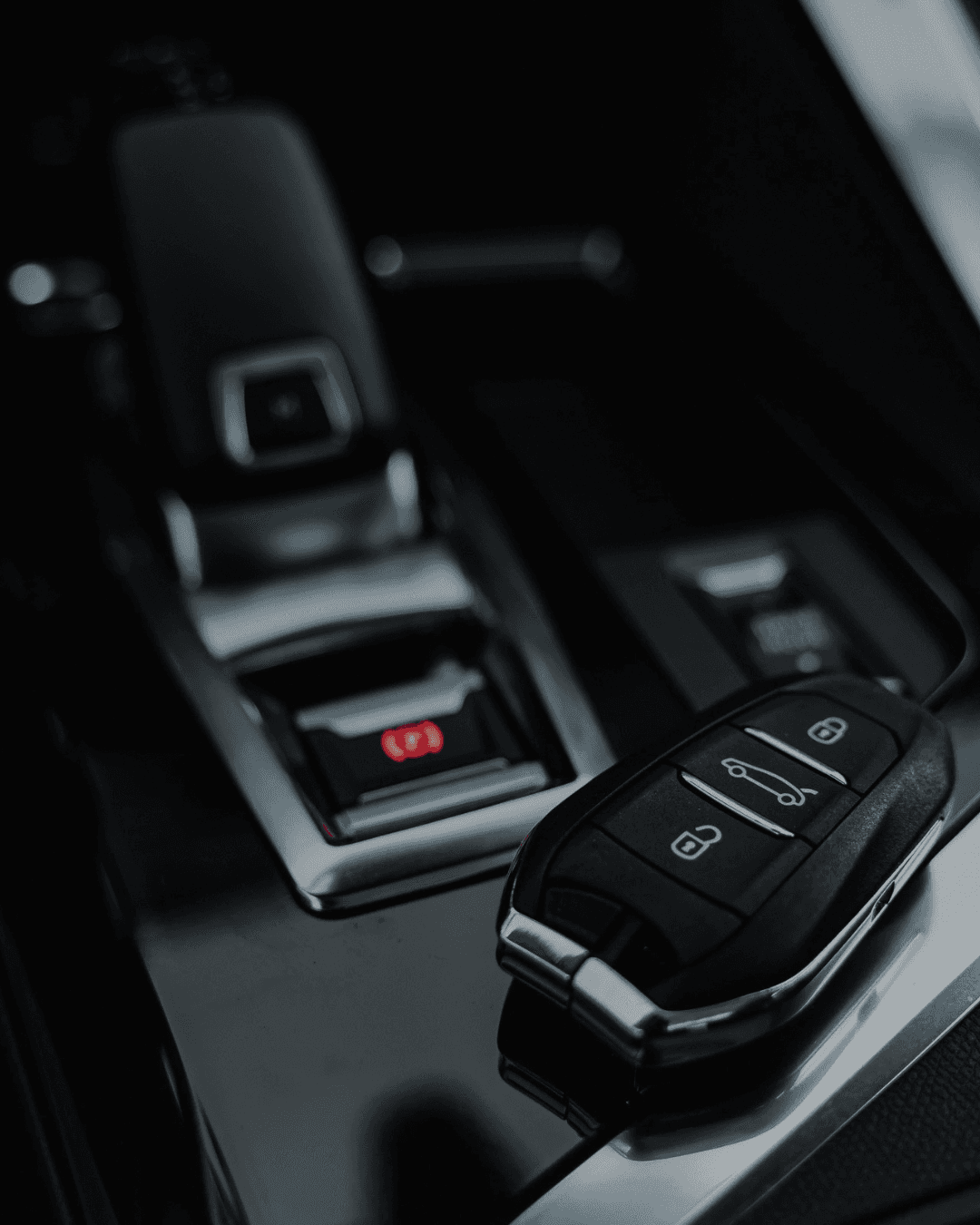 Klíč od auta na středové konzoli – autodetailing Plzeň, leštění laku Plzeň, čištění interiéru Plzeň a tónování skel Plzeň, prémiové služby VANTA Detailing