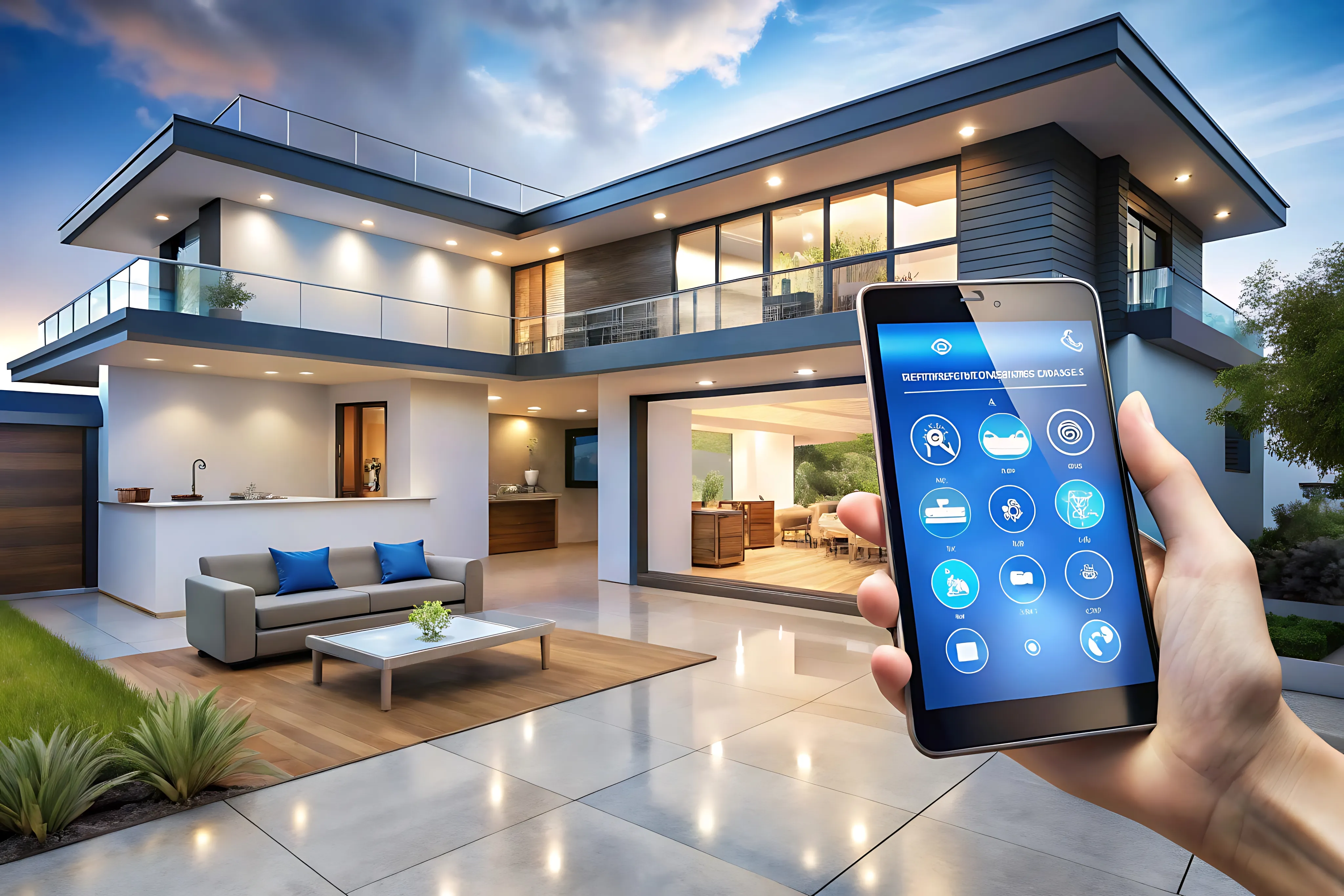 Hand holding a smartphone displaying a smart home application interface in front of a modern luxury house.