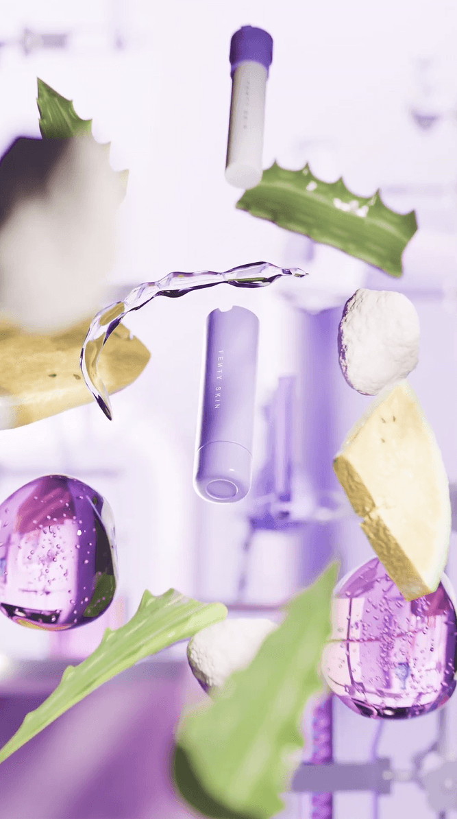 A surreal Fenty Skin tube floating among aloe vera leaves, water splashes, and abstract organic shapes