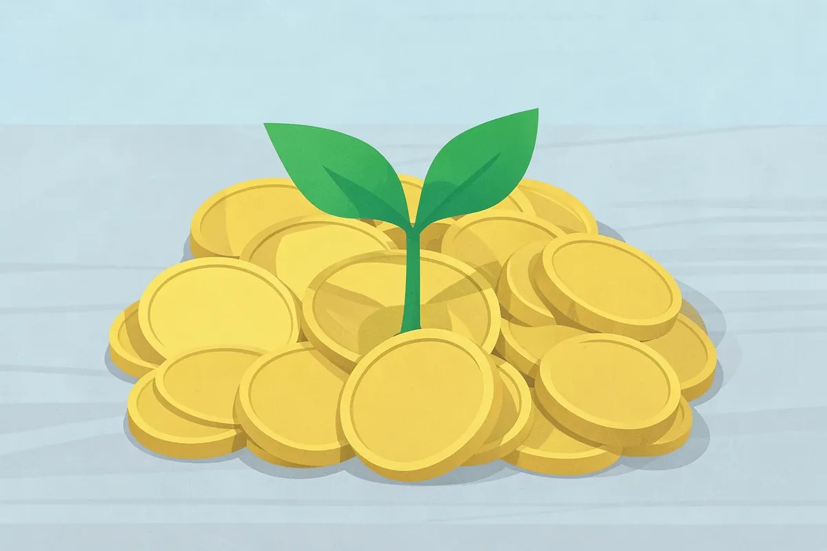 Seedling sprouting from a pile of coins.