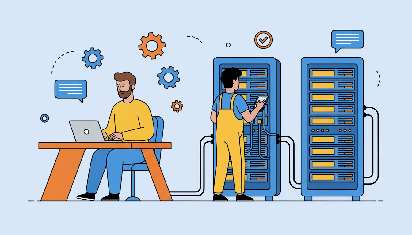 Flat vector illustration in a modern corporate tech style. Two IT professionals in a server room. A man in a yellow sweater and blue pants sits at an orange desk with a laptop. A second man in yellow overalls stands working on a tall blue server rack. The scene includes another server rack, with wires connecting them on the floor. The background is light blue with floating orange and blue gear icons, an orange checkmark circle, and speech bubbles with abstracted text lines. The artwork features bold black outlines and a clean, simple color palette of blues, oranges, and yellows.