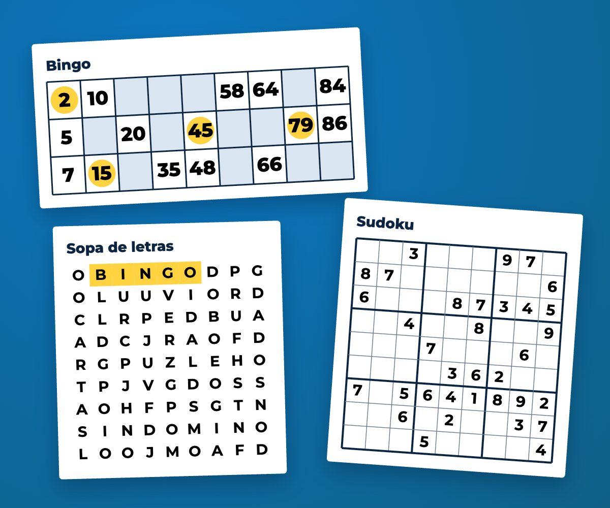 Un cartón de bingo, una sopa de letras y un sudoku impresos en letra grande sobre un mantel azul oscuro