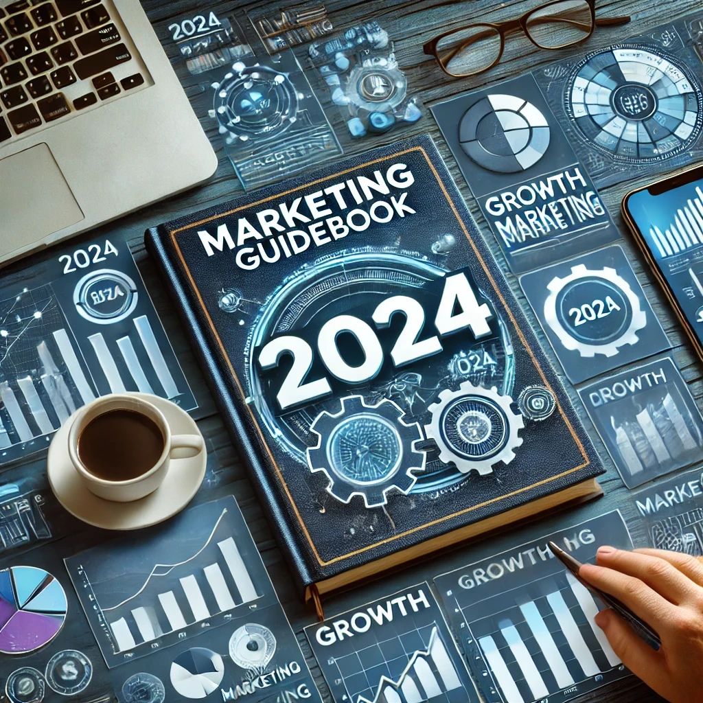  A marketing guidebook labeled "2024," surrounded by digital tools like graphs, charts, a laptop, and mobile devices, symbolizing data-driven growth and marketing strategies.