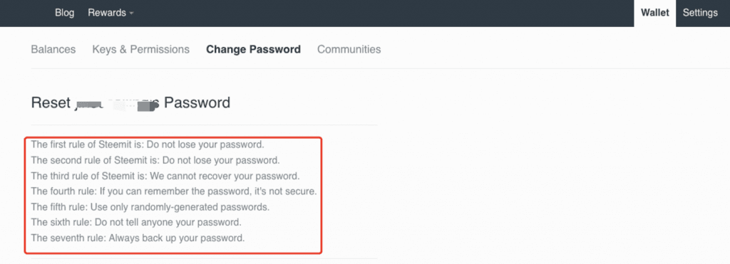 Steemit password reset page with highlighted rules warning that lost passwords cannot be recovered