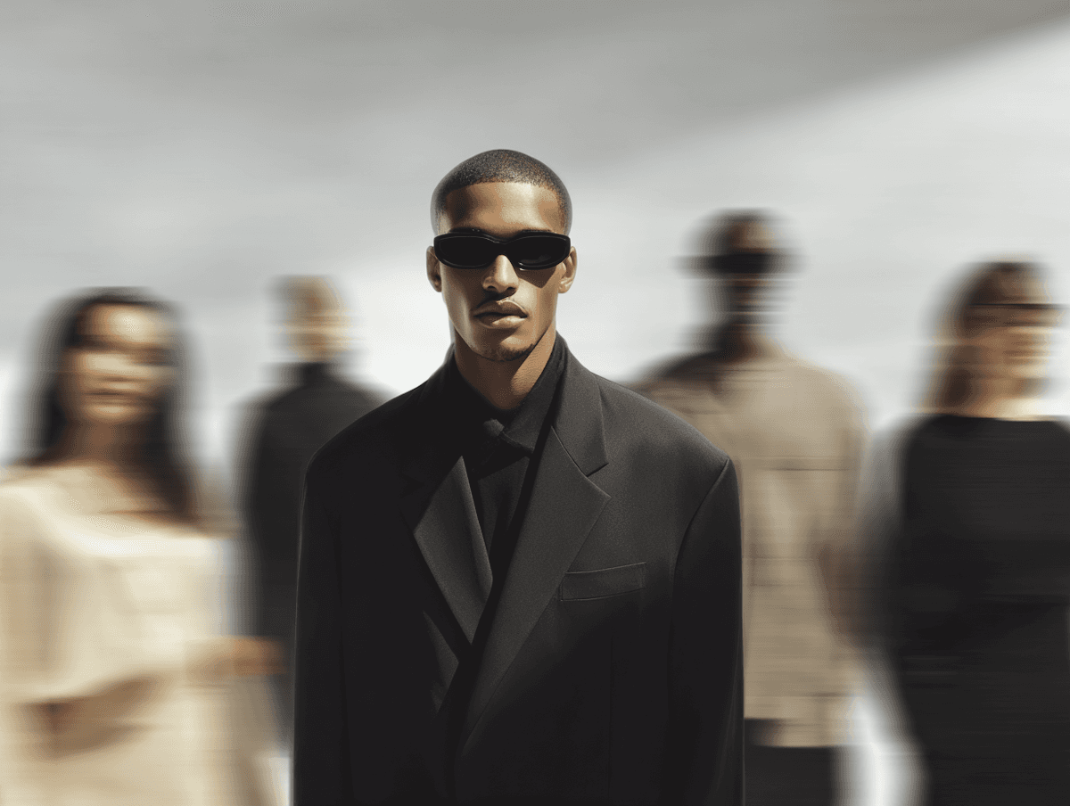 Stylish person putting on a black coat and black glasses with a blurred sorrounding group of random people