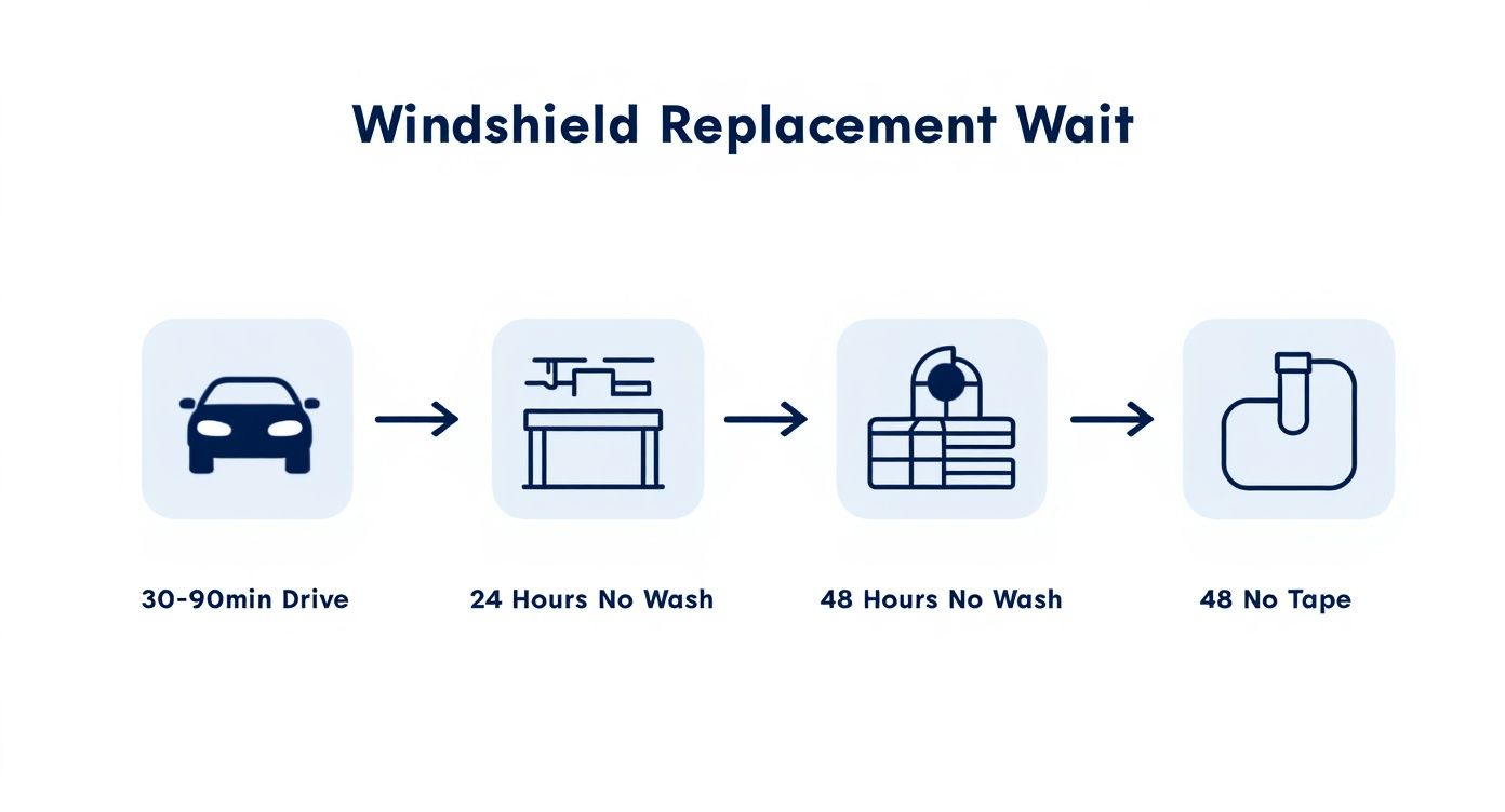 Windshield replacement wait times infographic showing drive time, no wash periods, and no tape instructions