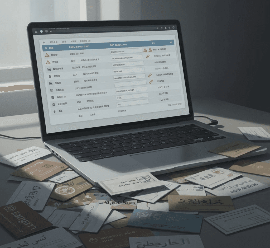Scattered mobile visiting cards and physical business cards after an exhibition, highlighting challenges in multilingual business card OCR and trade show lead capture without a proper business card manager app.