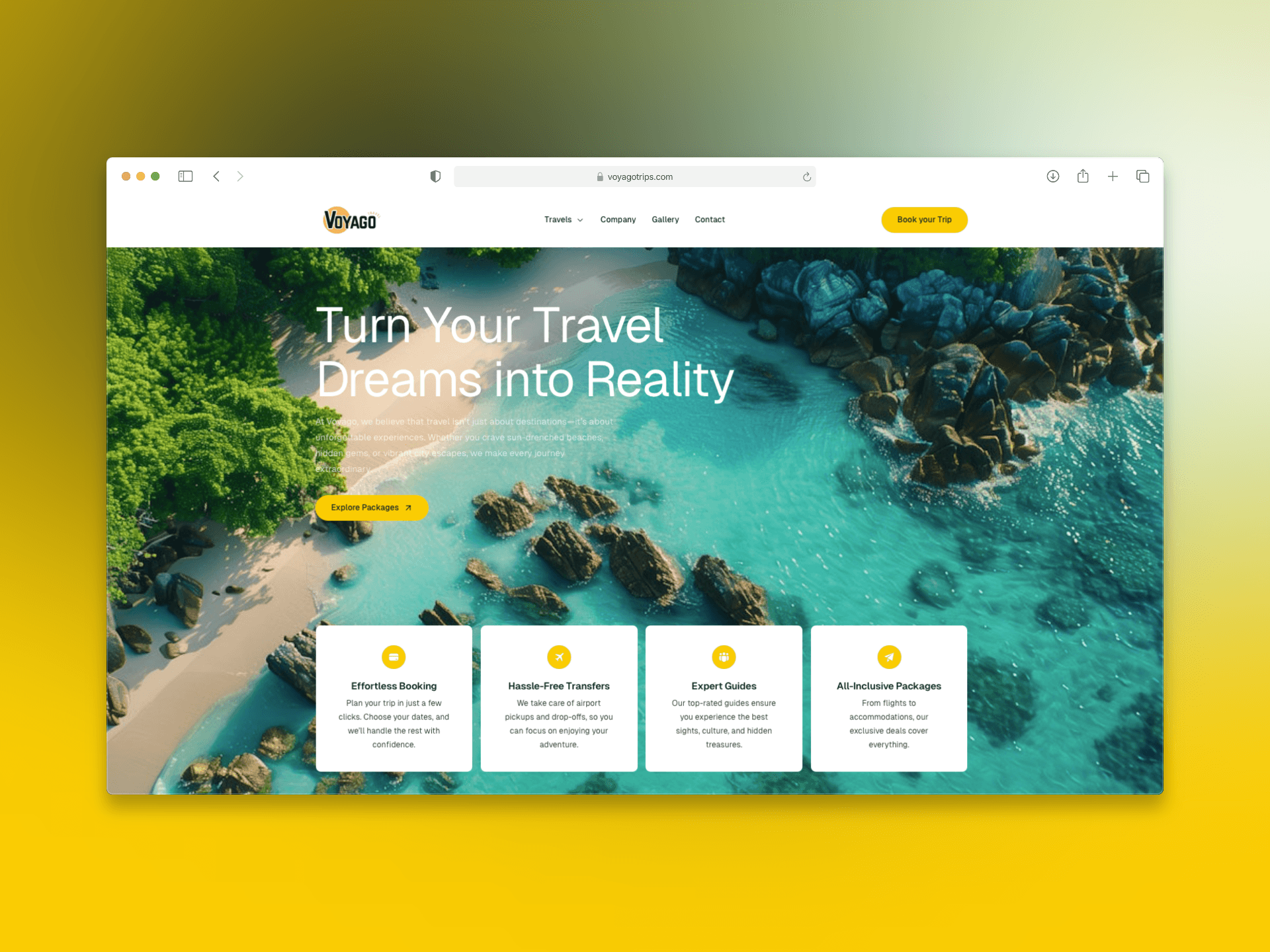 Laptop on a modern desk showing the homepage of Voyage Travel Agency with tropical beach imagery and booking buttons.