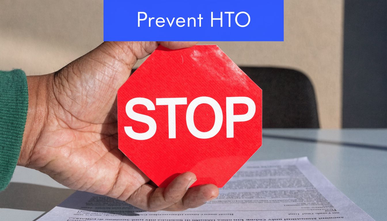 A hand holding a red stop sign over a document with the text Prevent HTO above.