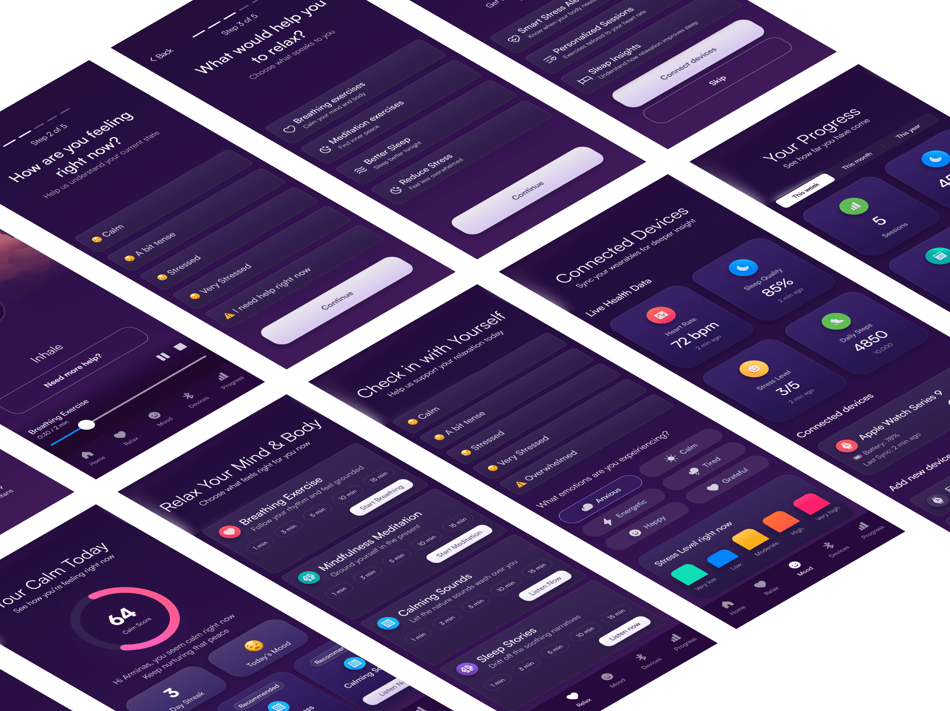 SerenAI combined dashboard and progress screens showing calm score, daily streaks, activities, and trend charts for mood and stress.