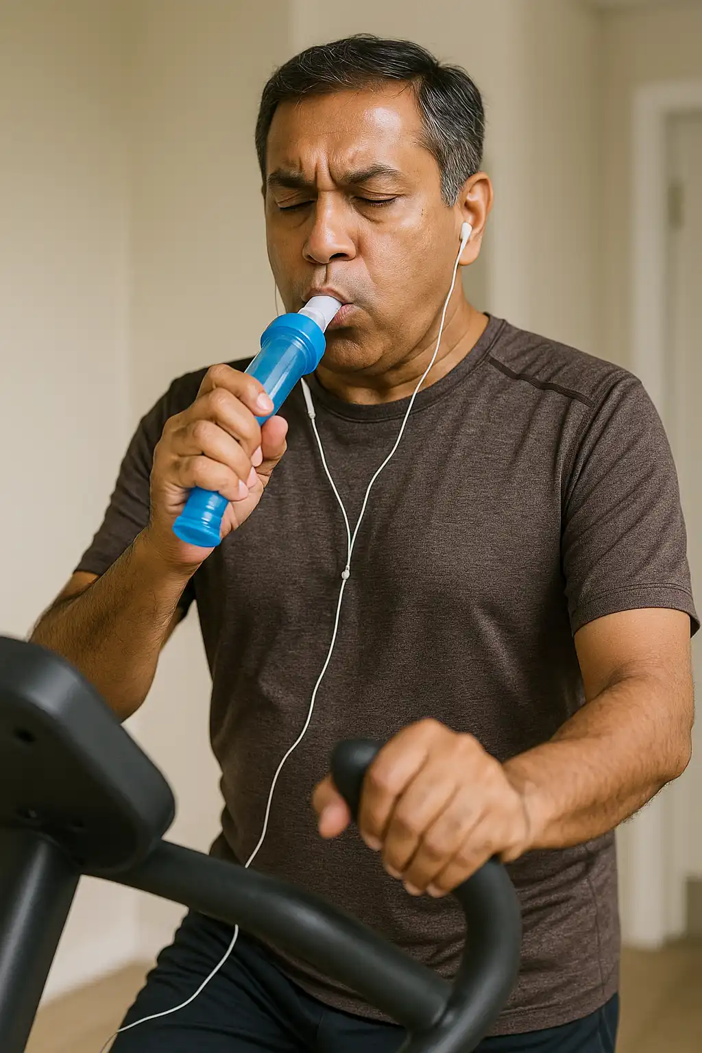 Man performing breathing exercises using a respiratory trainer while walking on a treadmill to improve lung capacity and endurance.