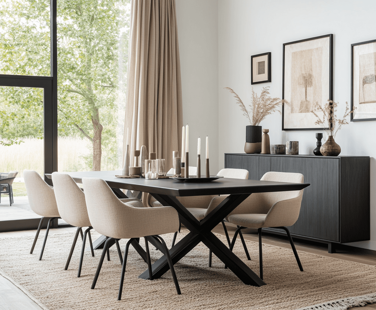 Ein modernes Esszimmer in 3D-Darstellung verfügt über einen schwarzen Tisch, sechs beigefarbene Stühle, eine neutrale Einrichtung, Kerzen und getrocknete Pflanzen. Große Fenster durchfluten den Raum mit Tageslicht, während gerahmte Kunstwerke über einem dunklen Sideboard hängen.