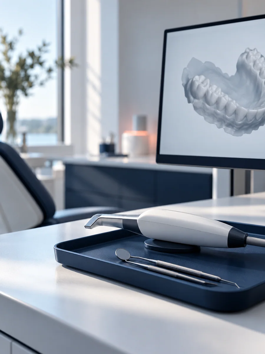 Intraoral scanner on a navy tray beside a monitor with a 3D tooth model