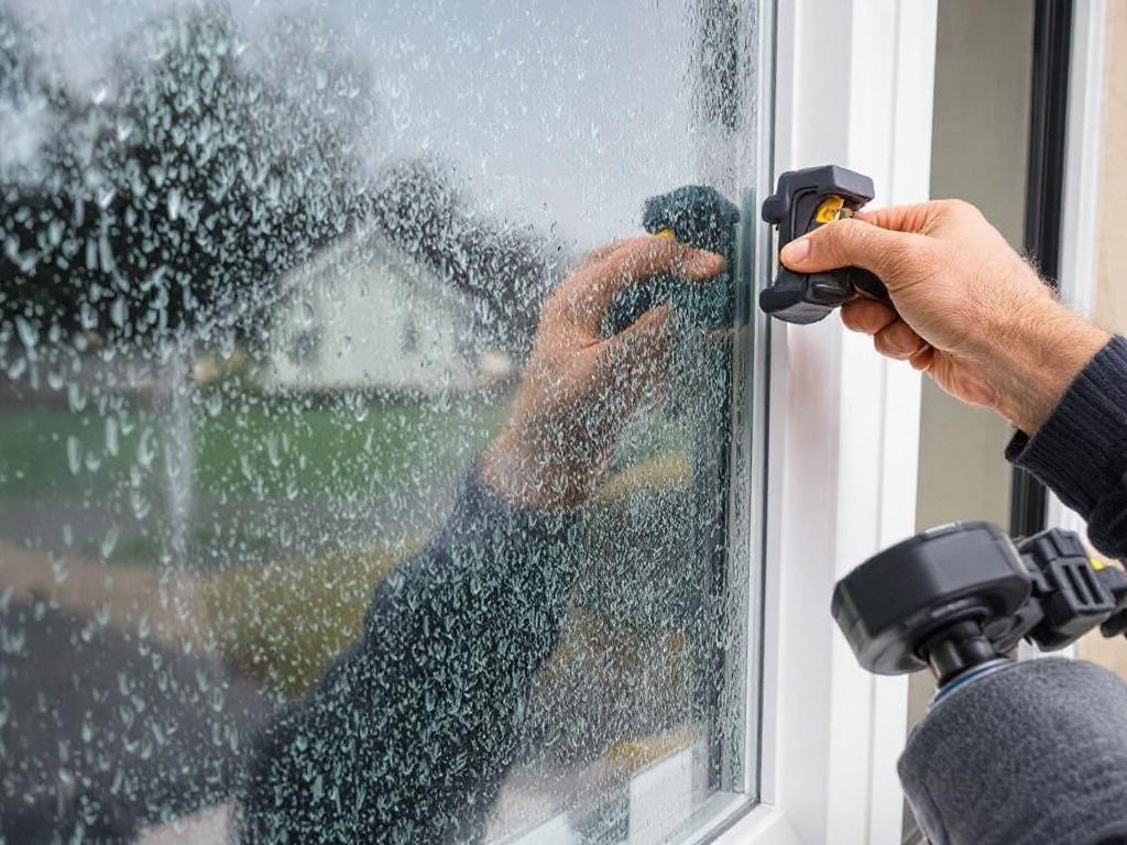 A person is using a tool to remove the old sealant from a window frame.