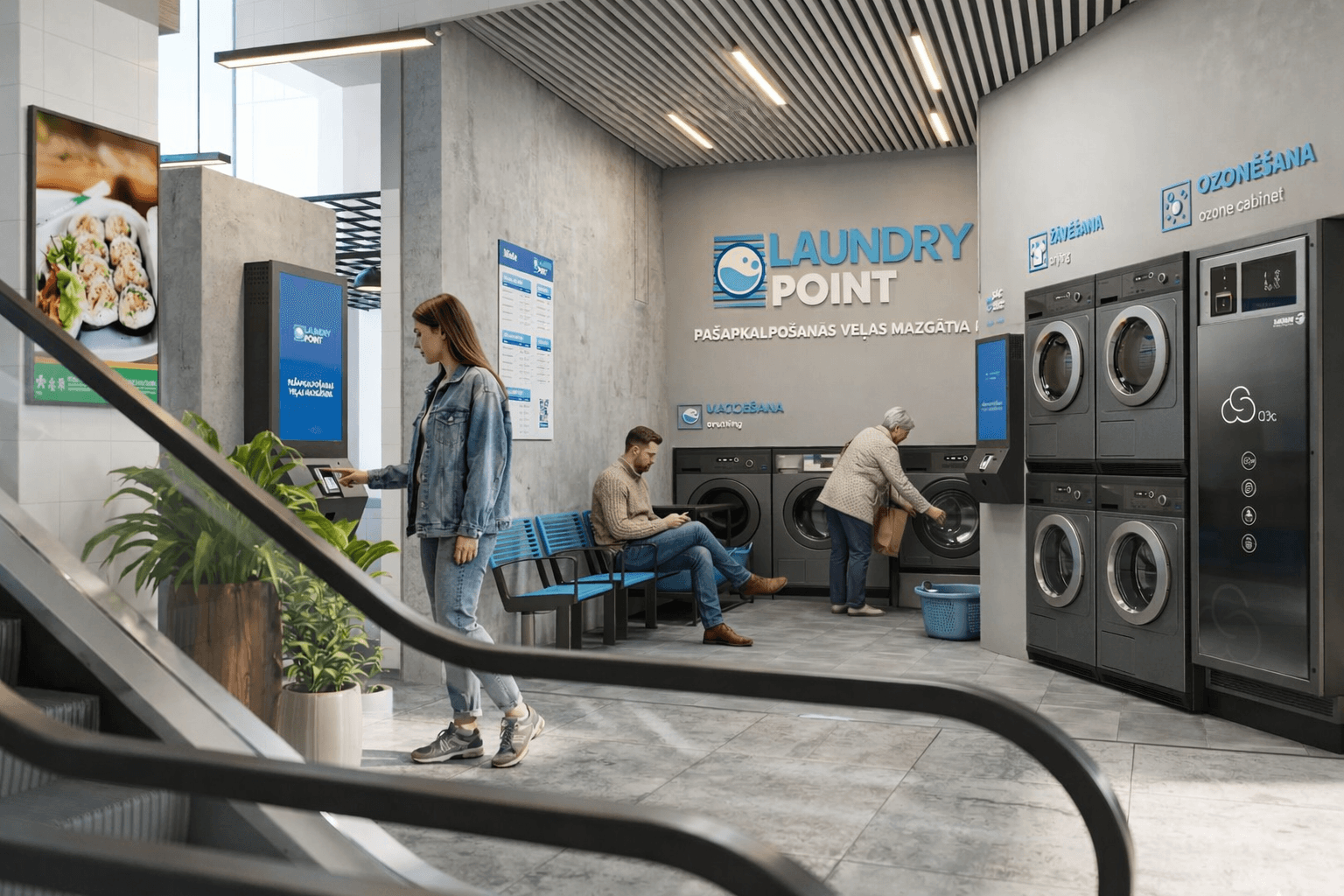 Mūsdienīga veļas mazgātava tirdzniecības centrā ar ērtu piekļuvi un Laundry Point aprīkojumu