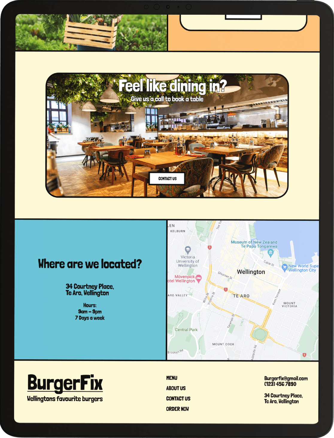 Screen capture of a website design for a Burger Resturant