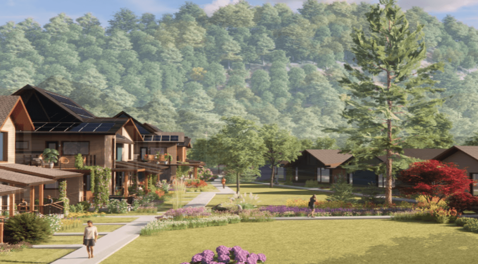 Architectural rendering of clustered homes and shared green space.