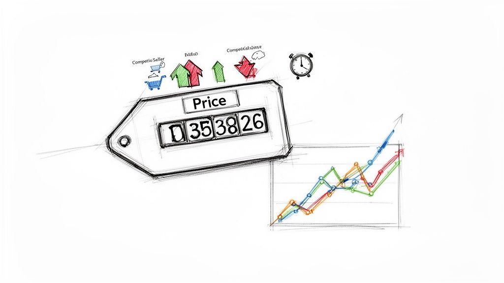 Sketch of a price tag showing price '0353826' influenced by competitive factors and a trend graph.