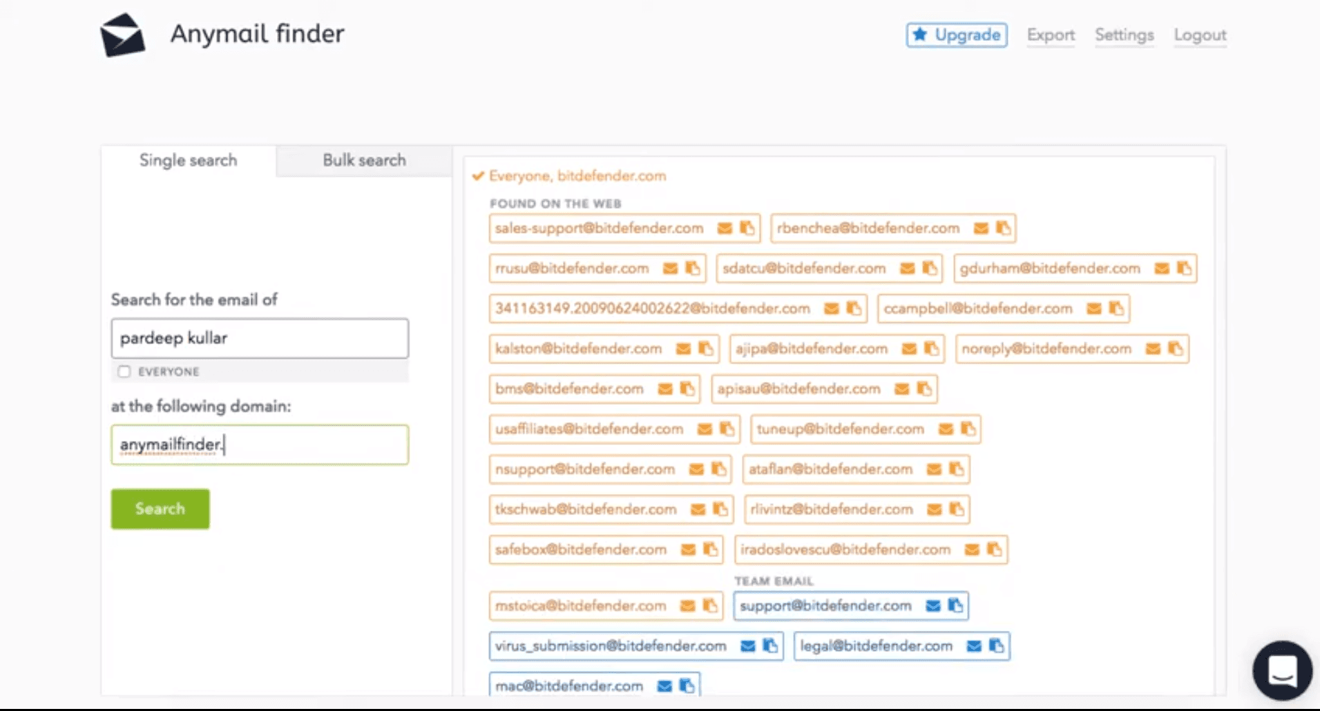 Anymailfinder email finder dashboard showing search input, verified results, and accuracy score.