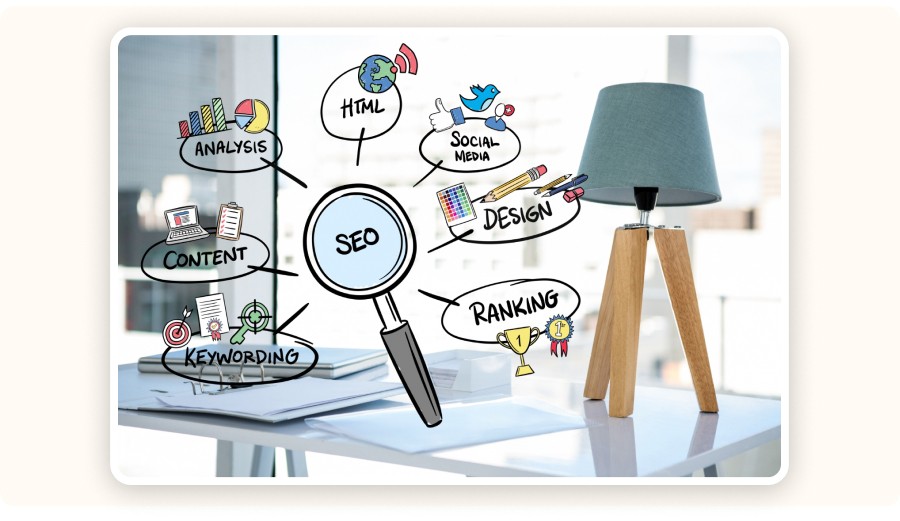 Illustration SEO avec loupe mots-clés contenu analyse design ranking digital&nbsp;