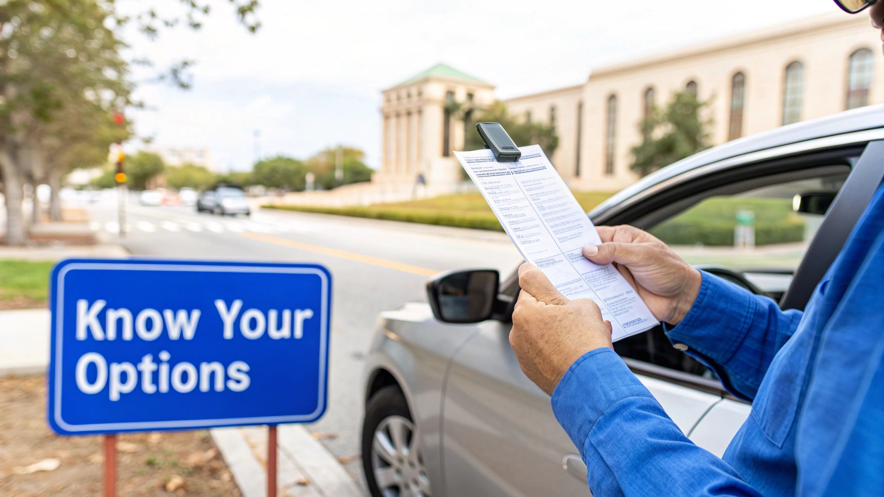 Person in a car reading a document, with a blue 'Know Your Options' sign on the roadside.